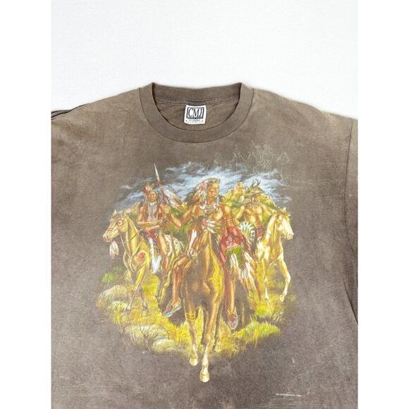 Vintage 90s Atlanta Boot Village Western T-Shirt XL Brown Native American AOP - Picture 1 of 8